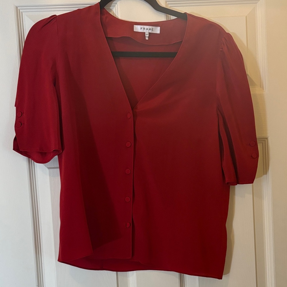FRAME 100% Silk Button-Up Blouse | Red Scarlet | V-Neck | Size S